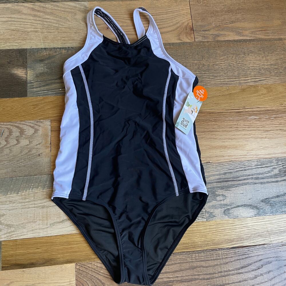 Women's Size 14 Black White One Piece Racerback Athletic Swimsuit NWT
